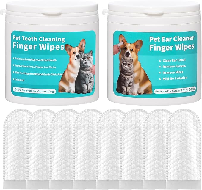 2-Pack Teeth and Ear Cleaner Finger Wipes, Dog and Cat Grooming Kit, Soothing Odor Control, Reduces Dirt and Wax Buildup, Cleans Teeth and Reduces Tartar and Odor, 100 Tablets