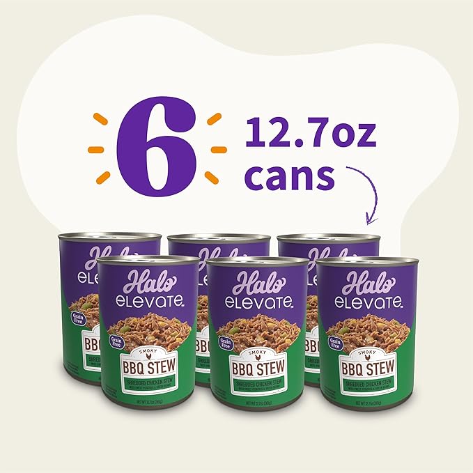 Halo Elevate Wet Dog Food, Grain Free, Smoky BBQ Shredded Chicken Stew with Sweet Potatoes & Green Beans, 12.7oz (Pack of 6)