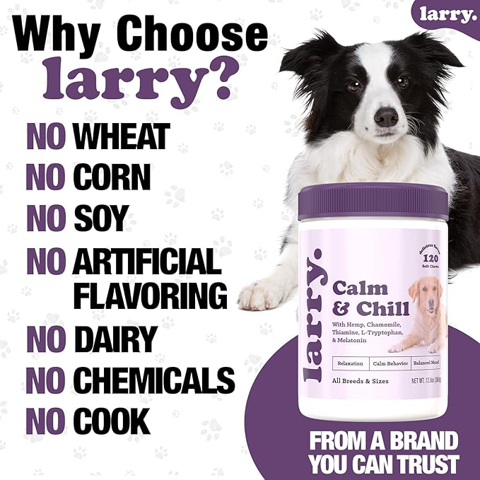 Larry Calming Dog Chews for Anxiety Relief, All-Natural Ingredients, Delicious Flavor, No Drowsiness, Made in The USA
