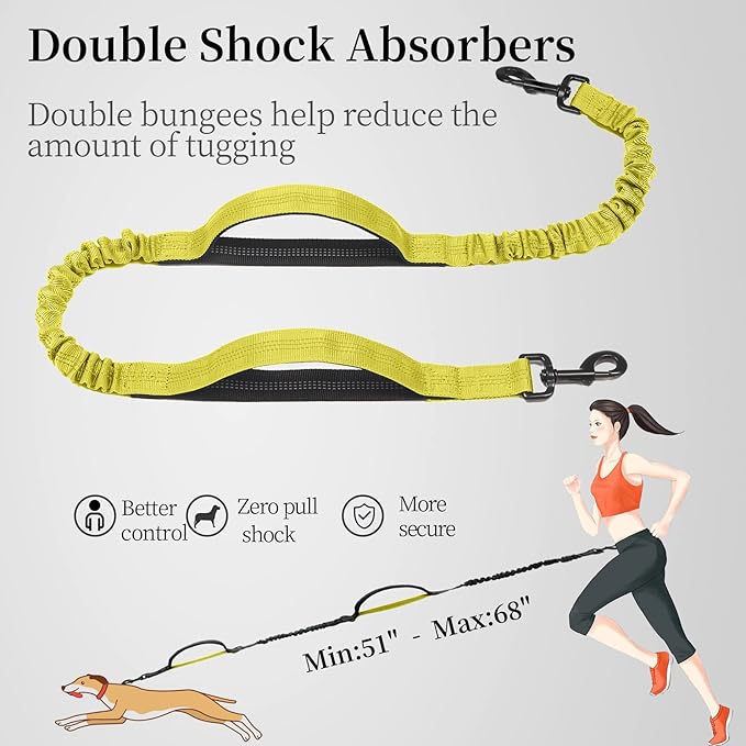 iYoShop Hands Free Dog Leash with Zipper Pouch, Dual Padded Handles and Durable Bungee for Walking, Jogging and Running Your Dog (Large, 25-120 lbs, Yellow)