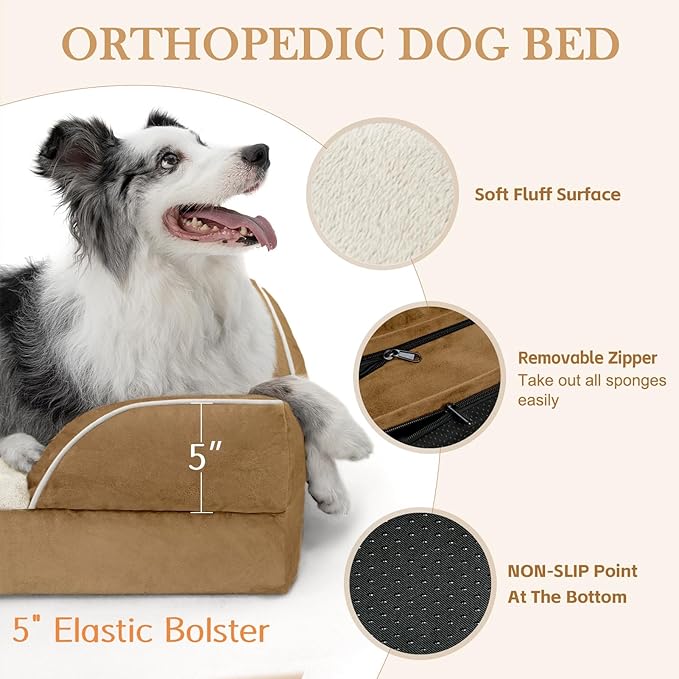 Jumbo Dog Bed Orthopedic Foam, Waterproof Dog Bed for Jumbo Breed Dogs, PV Washable Dog Sofa Bed with Removable Cover & Non-Slip Bottom(Jumbo,Khaki)