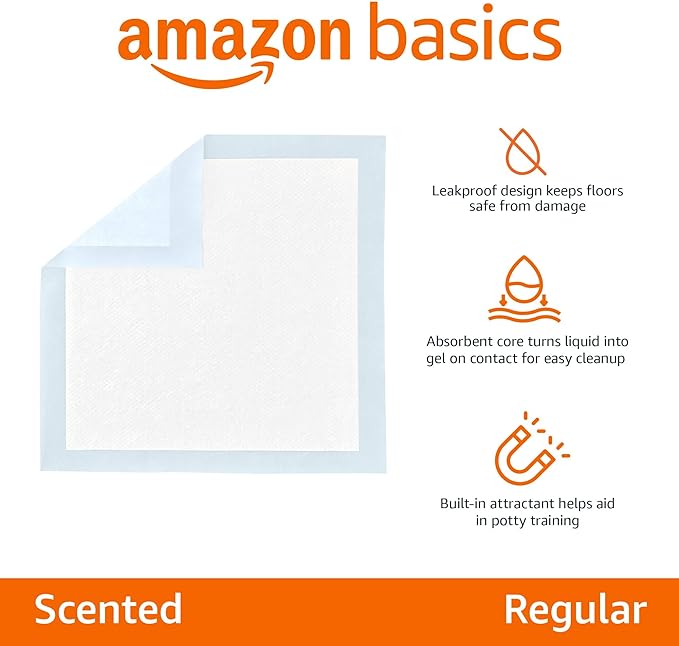 Amazon Basics Dog and Puppy Pee Pads with 5-Layer Leak-Proof Design and Quick-Dry Surface for Potty Training, Regular, 22 x 22 Inch, Scented, Pack of 50, Blue & White