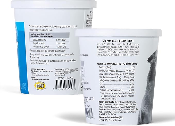 GNC Pets Essentials Skin & Coat Supplements for All Dogs, 60 Ct - 3 Pack | Skin & Coat Soft Chews for Dogs in Bacon Flavor | Dog Supplement with Salmon Oil, Omega Fatty Acids