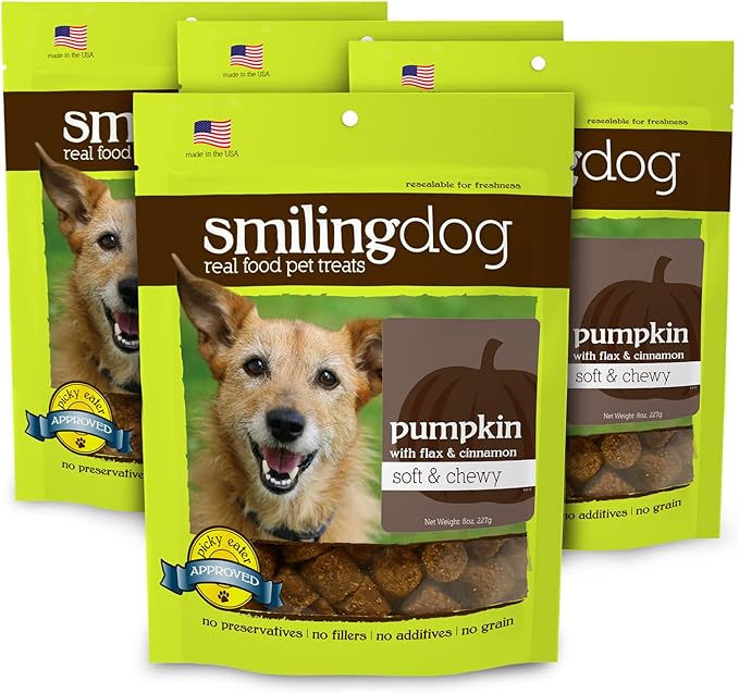 Herbsmith Smiling Dog Treats - Soft and Chewy Dog Treats for Senior Dogs - Dog Training Treats - Dog Treats with Pumpkin, Flax & Cinnamon - Bundle of 4