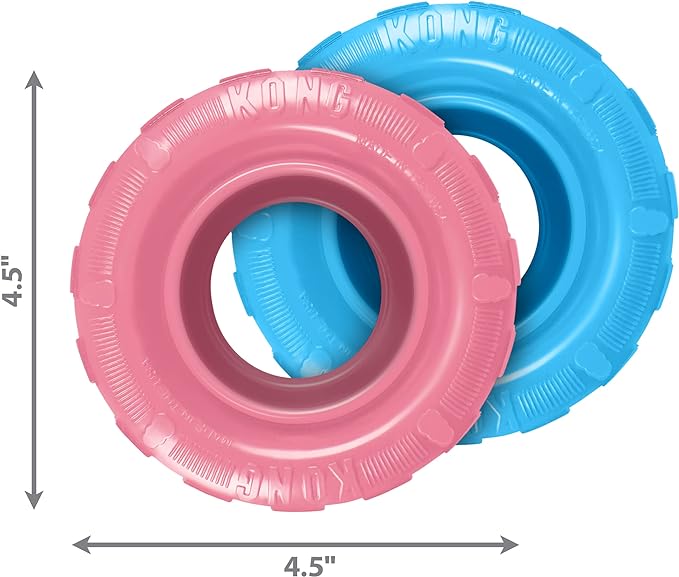 KONG Puppy Tires - Dog Chew Toy for Puppies - Stuffable Dog Toy for Treats & Snacks - Natural Rubber Chew Toy for Teething Puppy - for Medium/Large Puppies - Assorted Colors