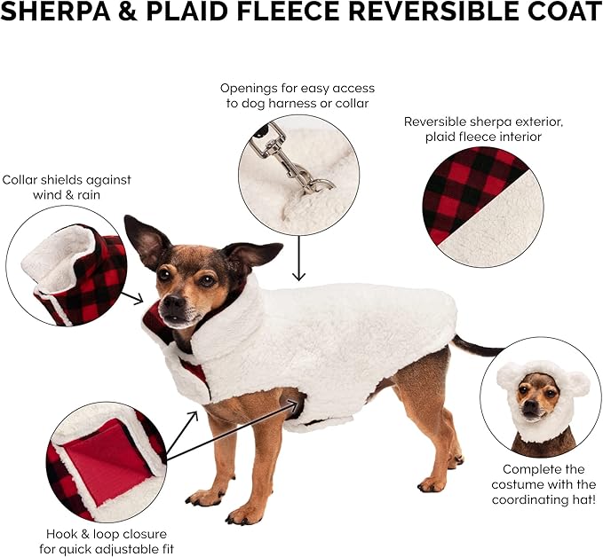 Furhaven Reversible Small Dog Coat, Washable & Insulating w/ Leash Access - Sherpa & Plaid Fleece Flex-Fit Jacket - Cream/Red, Small