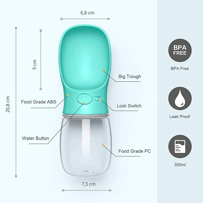 Dog Water Bottle, Leak Proof Portable Pet Water Bottles for Dogs, Puppy Water Dispenser with Drinking Feeder for Travel (Teal 12oz)