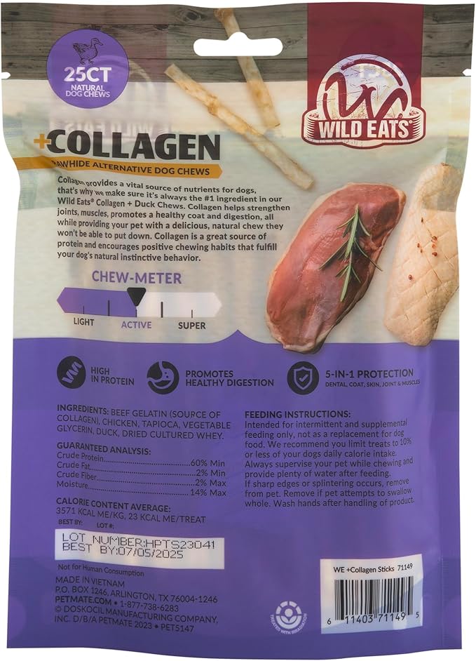 Beef Collagen Sticks for Dogs (25 Pack, 5 Inch) Long Lasting Dog Chews (Duck Flavored) No Hide Dog Treat Bully Stick Rawhide Free, Grain Free, High Protein