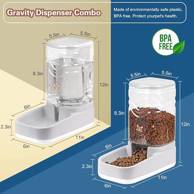 Automatic Dog Cat Gravity Feeders Water Bowl Dispenser Cat Water Fountain Large Capacity 3.8L,1 Gallon Large Capacity for Small Medium Pets (Grey)