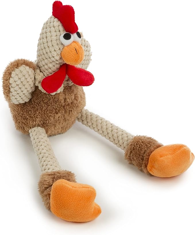 goDog Checkers Skinny Rooster Squeaky Plush Dog Toy, Chew Guard Technology - Brown, Large