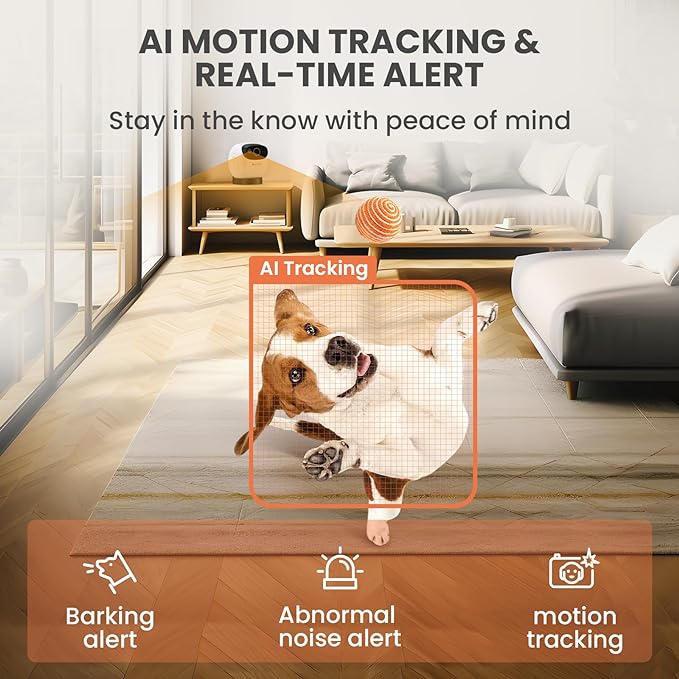 DOG CARE Dog Camera Treat Dispenser, 1080p HD 360° View Pet Camera with AI Tracking, Barking Alert, Selfie Alert, 2-Way Audio, Night Vision, 2.4G/5G WiFi Pet Monitor for Dogs Cats (White)