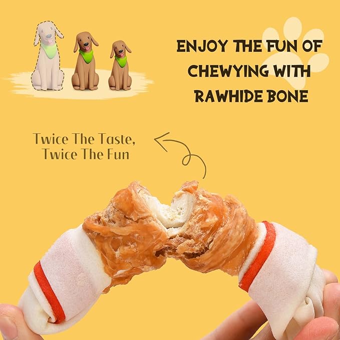ASMPET Dog Chews Long Lasting, 6.5" Knotted Dog Bones Dog Chew Treats, Human Grade Chicken Wrapped Rawhide Bones for Large Dogs Natural Dog Treats Small Dogs for Medium Dogs Puppy Chew Bones