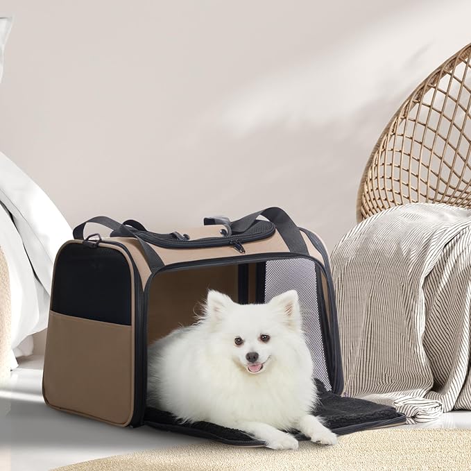 PETSFIT Pet Carrier for Cat, Dog Carrier for Small Dogs, Soft Cat Carrier Bag with Cozy Extendable Mat for Pets Under 25 Lbs (Large, Khaki)