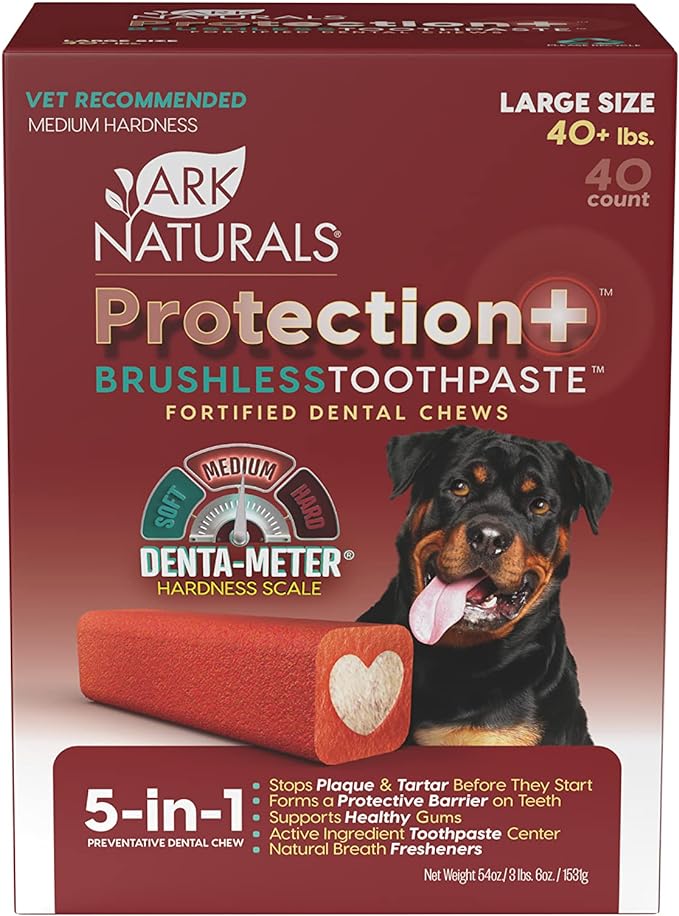 Ark Naturals Protection+ Brushless Toothpaste, Dog Dental Chews for Large Breeds, Prevents Plaque & Tartar, Freshens Breath, 54oz, 1 Pack, Red, 54 Ounce (Pack of 1)