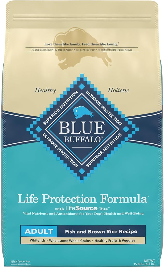 Blue Buffalo Life Protection Formula Natural Adult Dry Dog Food, Fish and Brown Rice 15-lb