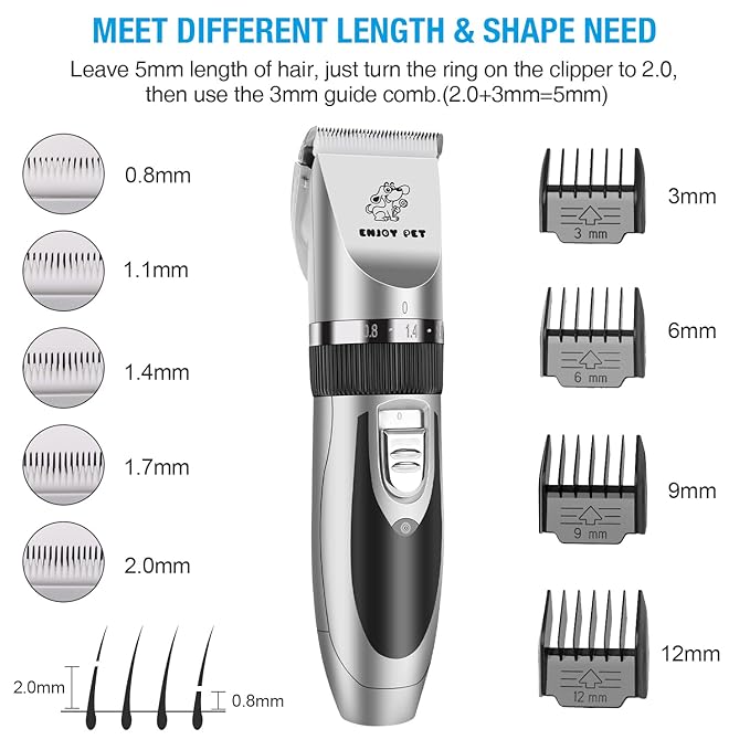 ENJOY PET Dog Clippers Low Noise Cat Shaver, Professional Dog Grooming Kit Rechargeable Cordless Pet Hair Clippers with 4 Comb Guides, Electric Quiet Pet Trimmer for Dogs Cats and Animals (Silver)