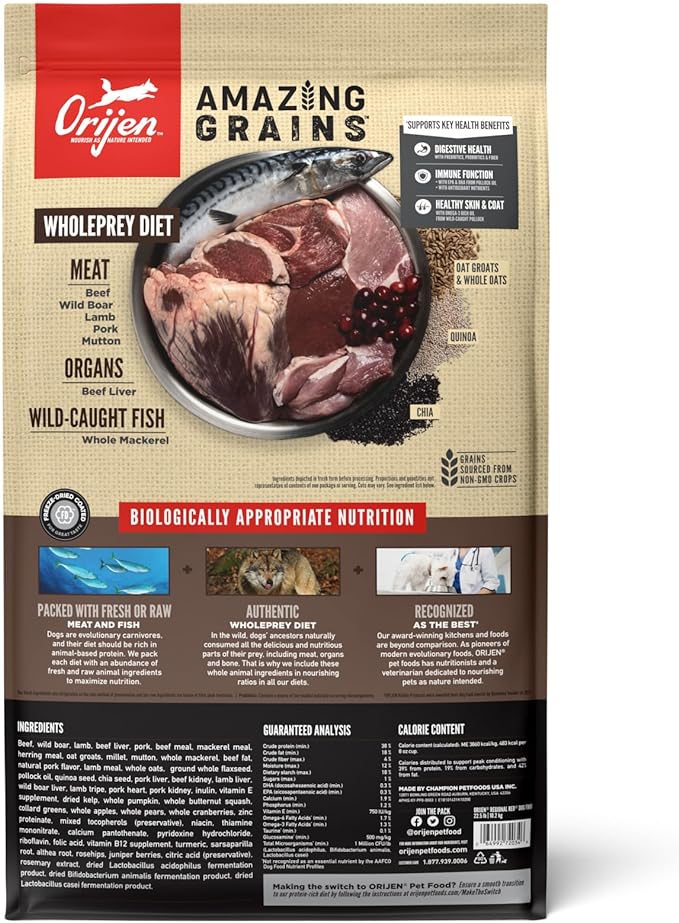 ORIJEN AMAZING GRAINS REGIONAL RED Dry Dog Food, High Protein Dog Food for All Life Stages, Fresh or Raw Ingredients, 22.5lb