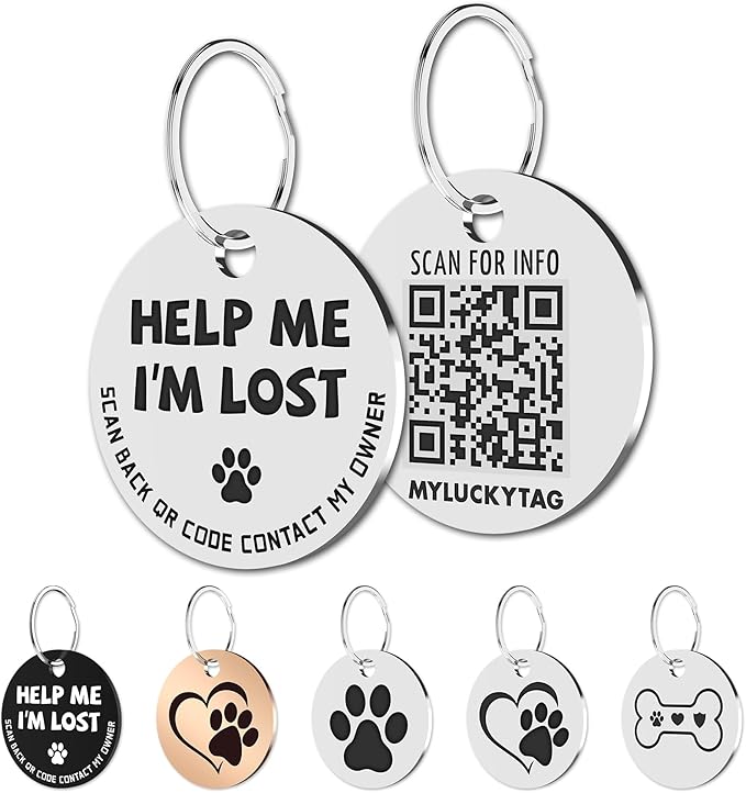 MYLUCKYTAG Stainless Steel QR Code Pet ID Tags Dog Tags - Pet Online Profile - Scan QR Receive Instant Pet Location Alert Email