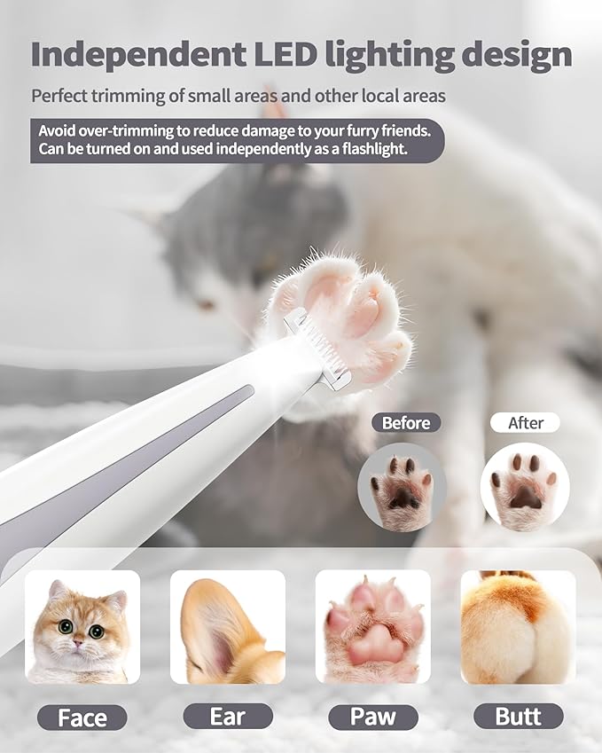 Dog Paw Trimmer, 35dB Ultra-Low Noise 2 Speed Dog Clippers for Grooming Dogs, USB Rechargeable Small Pet Shaver for Trimming Dogs Cats Hair Around Paws, Eyes, Ears, Face, Rump with LED Light