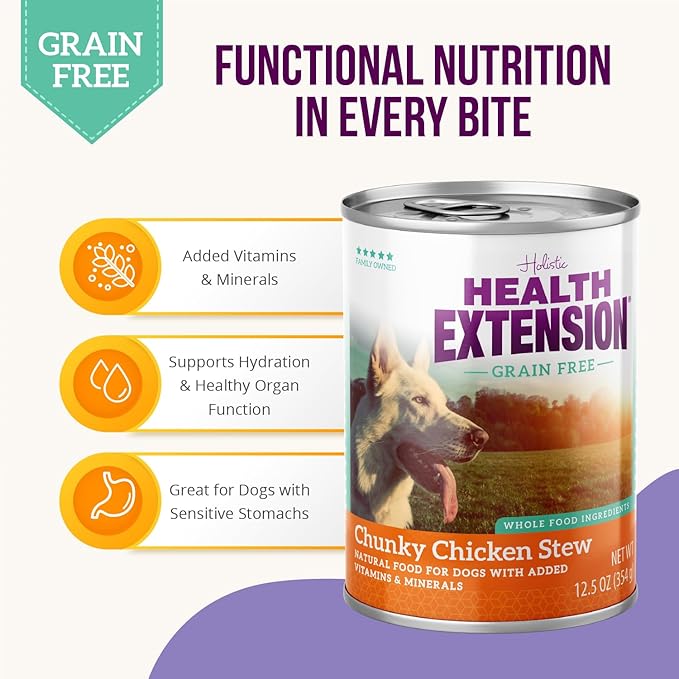 Health Extension Wet Dog Food Canned, Gluten & Grain-Free, Natural Food for All Puppies & Dogs with Added Vitamins & Mineral, Chucky Chicken Stew (12.5 Oz / 374 g) (Pack of 12)