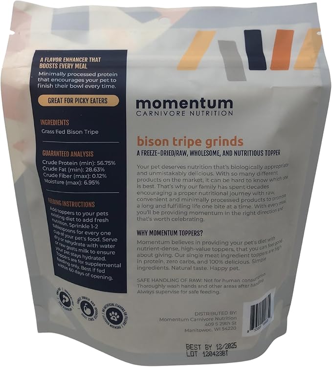 Momentum Carnivore Nutrition Freeze Dried Raw Bison Tripe Topper 3.75 Oz Bag