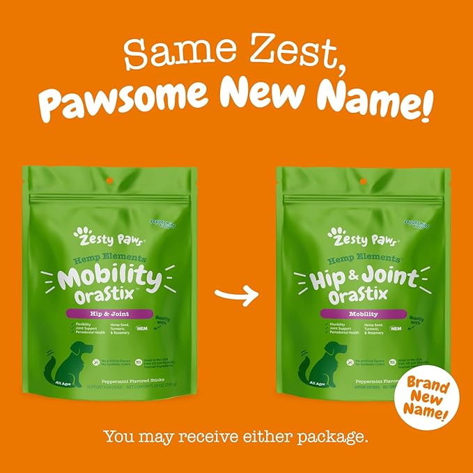 Zesty Paws OraStix for Dogs - Hip & Joint Mobility Sticks with Hemp Seed Curcumin Eggshell Membrane Taurine Support for HIPS Joints Cartilage Health Proprietary Healthy Teeth Gum Blend 25oz