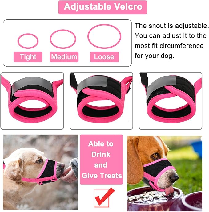 LUCKYPAW Dog Muzzle Anti Biting Barking and Chewing with Comfortable Mesh Soft Fabric and Adjustable Strap, Suitable for Small, Medium and Large Dogs(Hot Pink Trim,L)