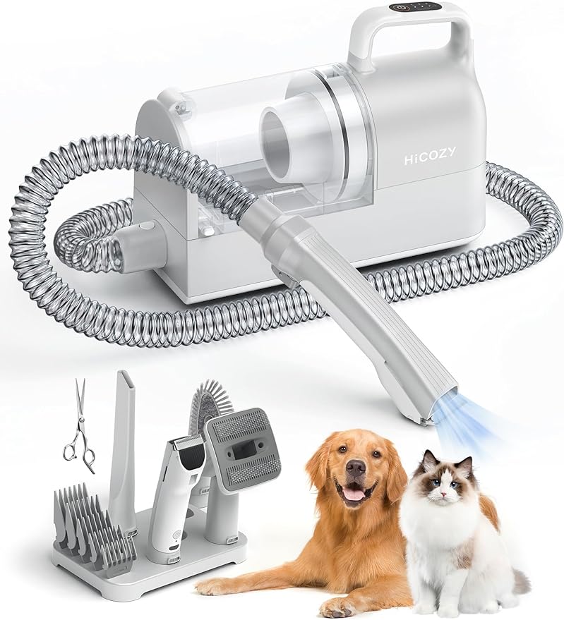 Hicozy S1+ Dog Grooming Kits, Minimum 50dB Pet Friendly Vacuum Machine, 12Kpa/120V Pet Grooming Vacuum for Dogs with 2L Dust Cup, 6 Professional Pet Grooming Kit for Dogs Cats, Gray