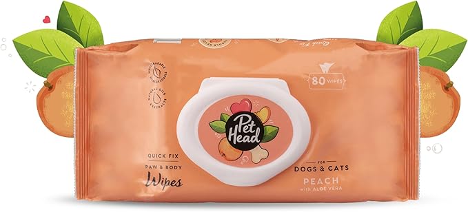 PET HEAD Quick Fix Cleaning Wipes for Dogs and Cats, Pack of 80 - Peach Scent with Aloe Vera. Biodegradable Wipes for Paws and Body. Natural and Vegan Ingredients. Made in USA