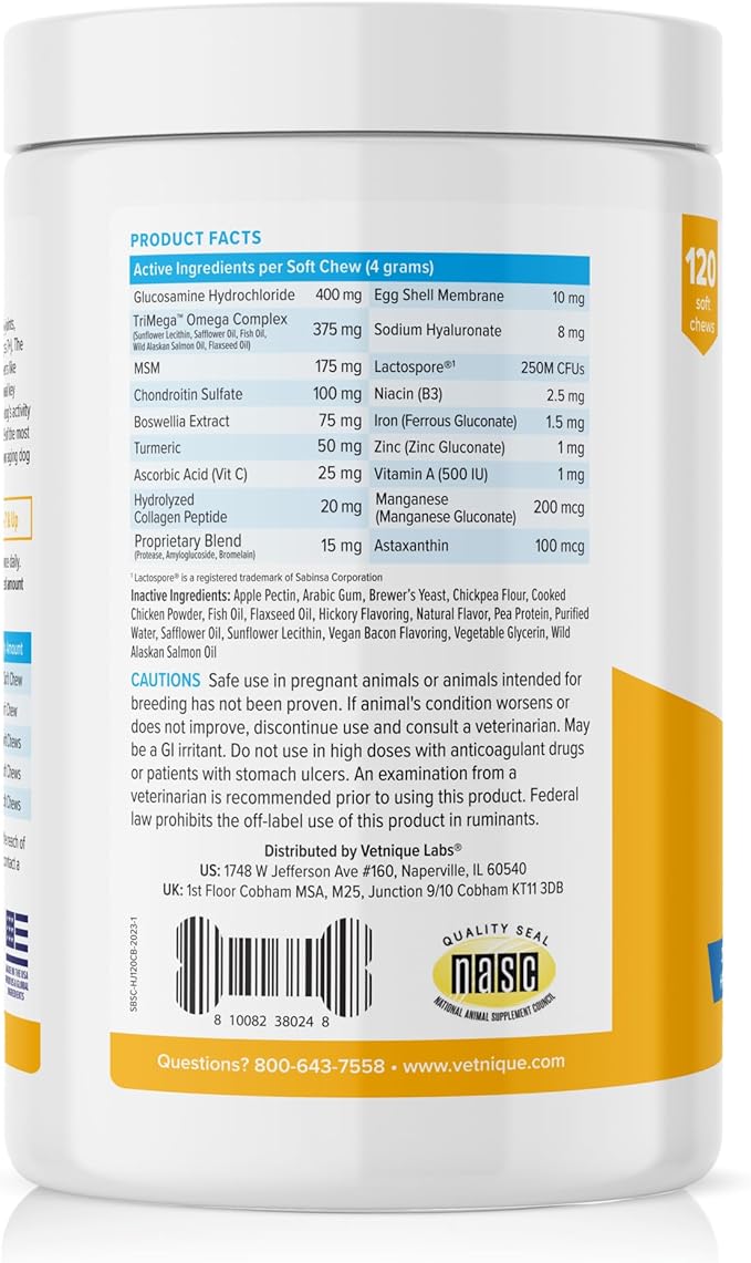Vetnique Seniorbliss Senior Dog Joint Supplement with Glucosamine and Chondroitin for Dogs Joint Support and Healthy Cartilage Development - for Small & Large Breeds (Hip & Joint Chew, 120ct)