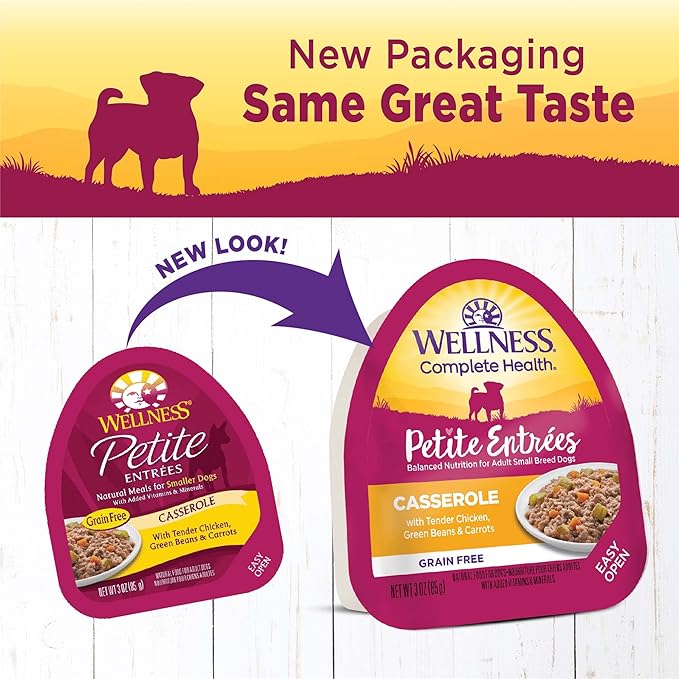 Wellness Natural Pet Food Petite Entrees Casserole Grain Free Natural Wet Small Breed Dog Food, Tender Chicken, Green Beans & Carrots, 3-Ounce Cup (Pack of 24)