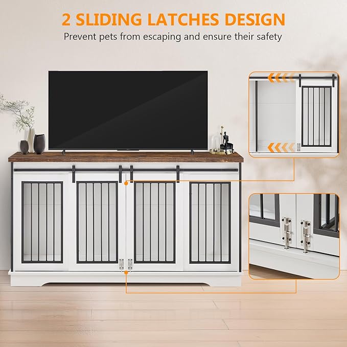 2-in-1 Double Dog Crate Furniture for 2 Dogs 60.6 Inch Pure White Sturdy Double Dog Kennel TV Stand with Divider and Sliding Doors