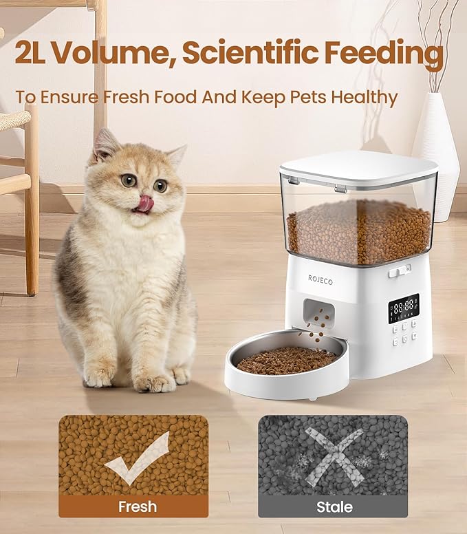 Automatic Cat Feeder,8Cups ROJECO Cat Food Dispenser with Timer,Portion Control Automatic Pet Feeder,Easy Set Up Indoor Use with Stainless Steel Bowl