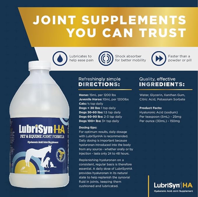 LubriSynHA Hyaluronic Acid Pet & Equine Joint Formula 64oz - All-Natural, High-Molecular Weight Liquid Hyaluronan - Joint Support for Horses, Dogs, Cats - Promotes Healthy Joint Function, Made in USA