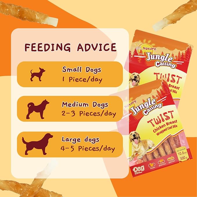 Jungle Calling Rawhide Free Healthy Treats for Dogs, Chicken Wrapped Cod Sticks Dog Treats, Soft Chewy Treats for Training Rewards, 10.6 oz (Chicken)