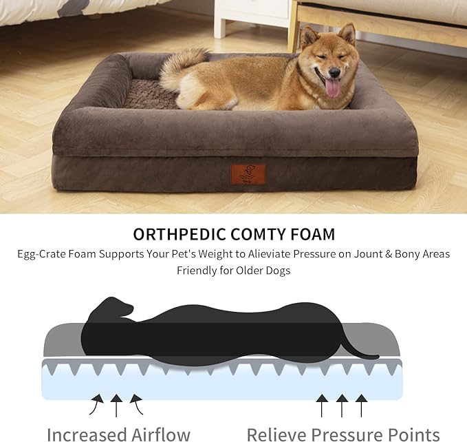 Large Dog Bed, Brown Orthopedic Dog Bed, Waterproof Dog Bed with Removable Cover, 4-Sides Removable Bolster Dog Soft Sofa Bed with Nonskid Bottom, Washable Dog Beds for Large Dogs