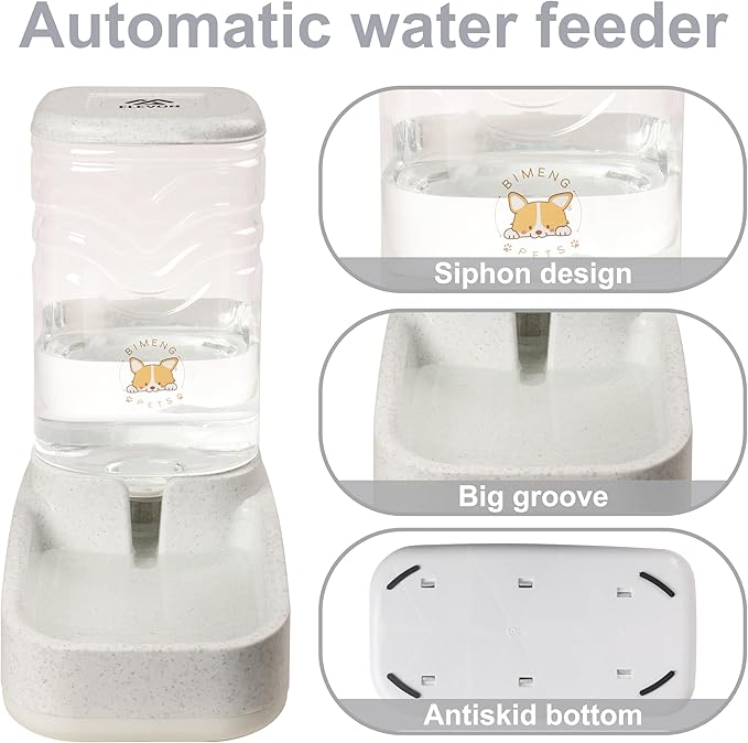 Automatic Pet Water Feeder, 3.8L Gravity Cat Water Dispenser with Cat Water Bowl, Large Capacity Water Feeder for Kitten & Small and Medium-Sized Dogs (White & Grey)