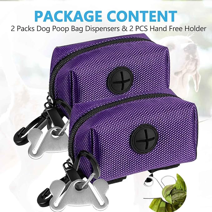 2Packs Dog Poop Bag Holder for Leash Attachment Dog Poop Bag Dispenser Dog Waste Bag Dispensers for Leash Accessory Dog Poop Bag Holders Fits Dog Leash Include Hand Free Holder Metal Carriers, Purple