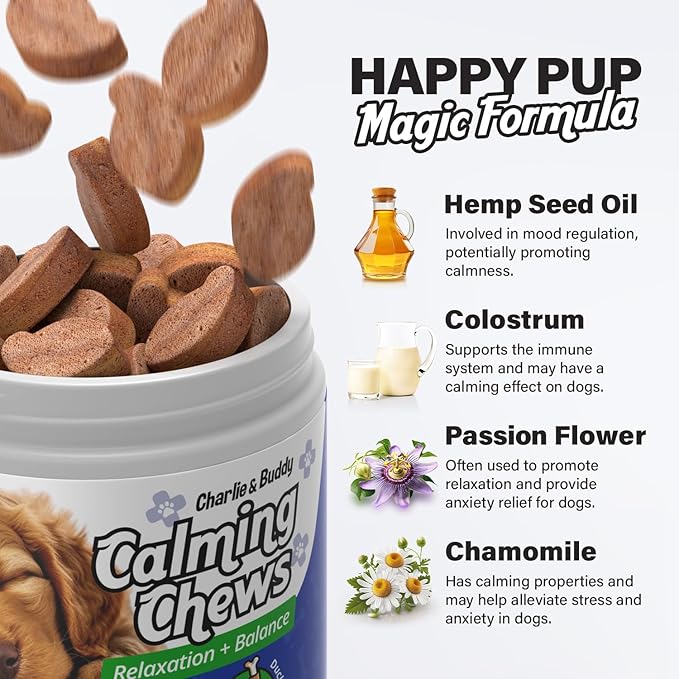 Charlie & Buddy Calming Chews for Dogs, Dog Anxiety Relief, Promote Relaxation, Dog Calming Chews with Melatonin for Dogs, Chamomile, Magnesium Citrate, 90 Soft Chews, Duck Flavor