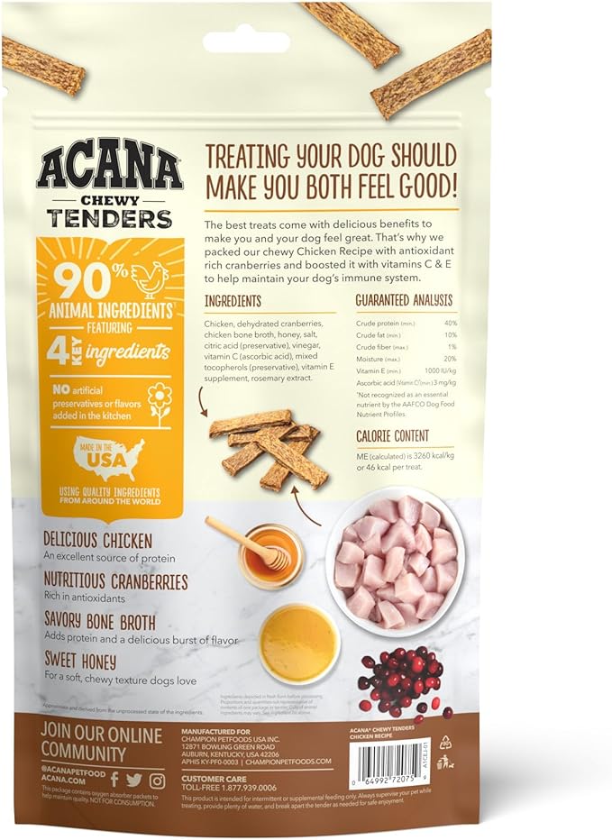 ACANA Chewy Strips Dog Treats, Chicken, Chewy Poultry Treats, 4oz