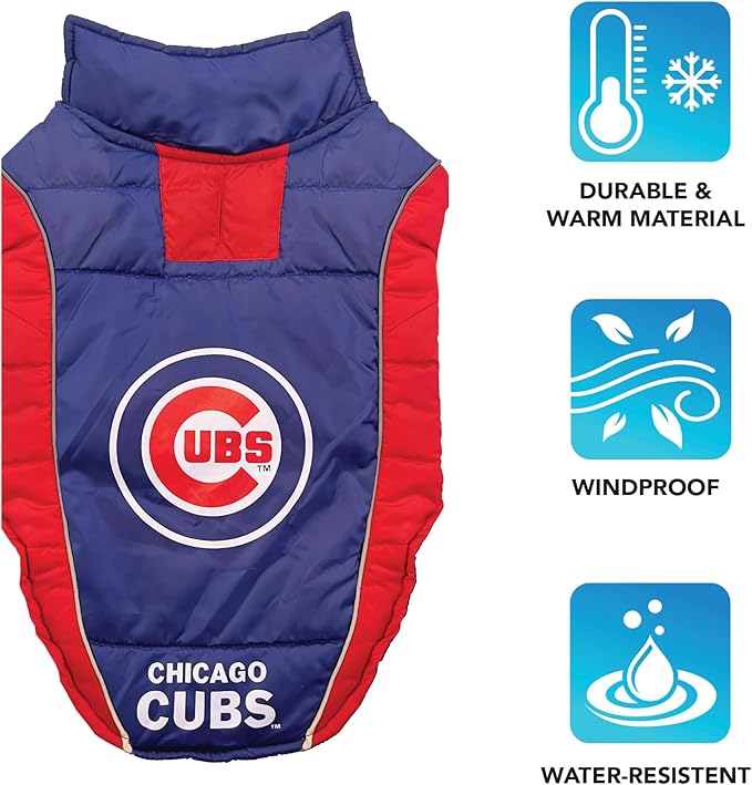 MLB Chicago Cubs Puffer Vest for Dogs & Cats, Size Small. Warm, Cozy, and Waterproof Dog Coat, for Small and Large Dogs/Cats. Best MLB Licensed PET Warming Sports Jacket