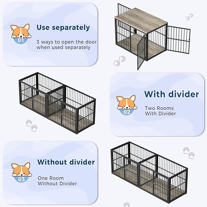 77.64''Dog Crate Furniture Large Breed TV Stand with Double Rooms,Wooden Dog Kennel Dog Crate End Table with Removable Divider for Large Medium Dogs, Can Use Separately