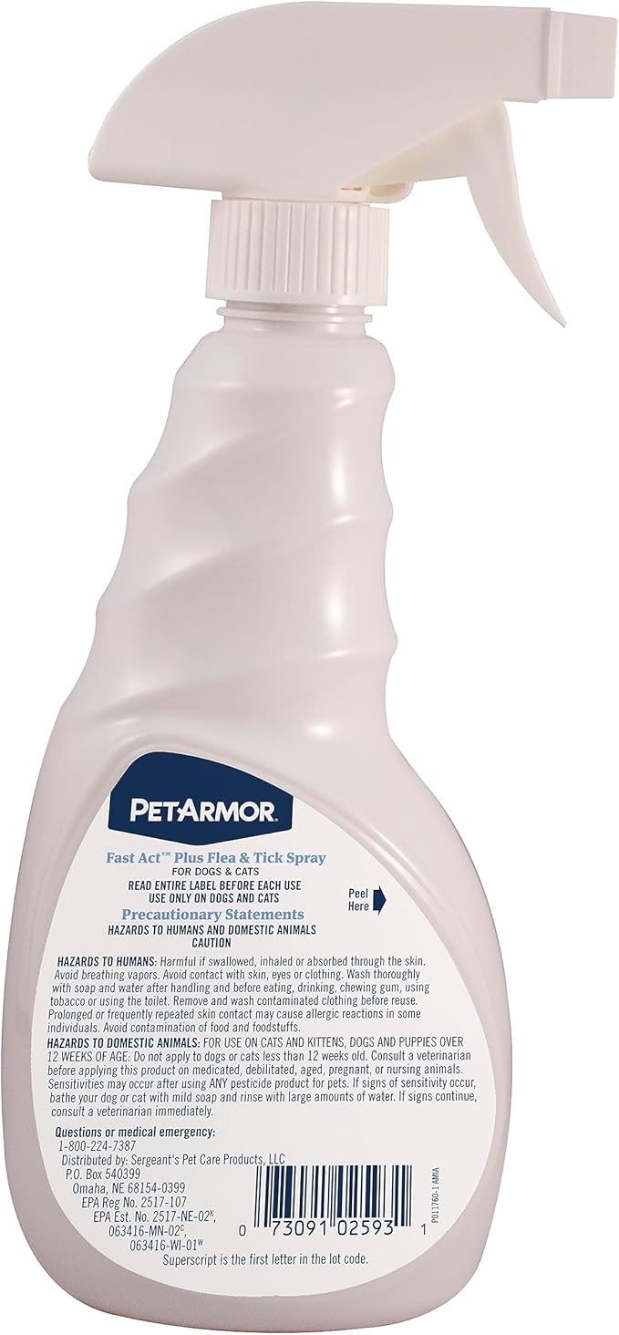PetArmor Fastact Plus Flea and Tick Spray for Dogs and Cats 16 oz