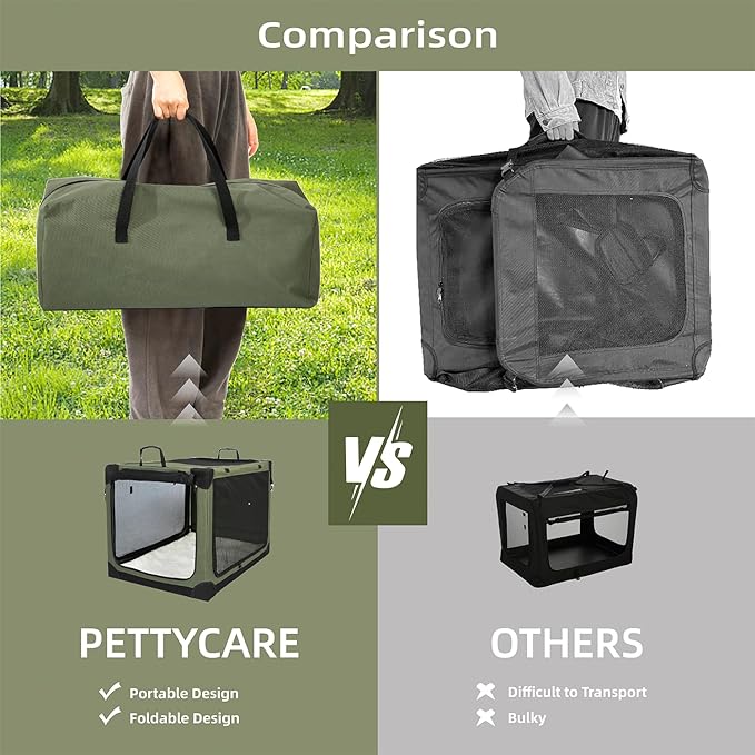 42 Inch Stainless Steel Collapsible Dog Crates for Large Dogs, 4-Door Soft Sided Dog Kennel for Travel, Portable Foldable Pet Crate with Durable Mesh Windows, Indoor & Outdoor, Olive Green