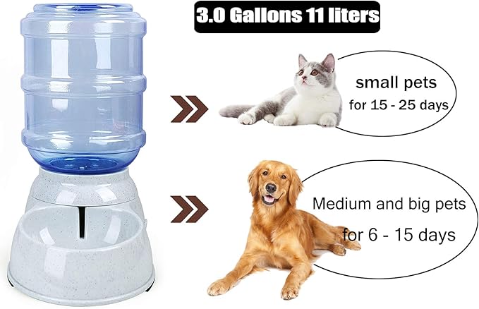 Pet Gravity Water Dispenser Large 3 Gallon 11 Liters-Thickened Durable,Dog Cat Water Bowl Dispenser Large,Automatic Replenish Pet Waterer Dispenser Station,grey