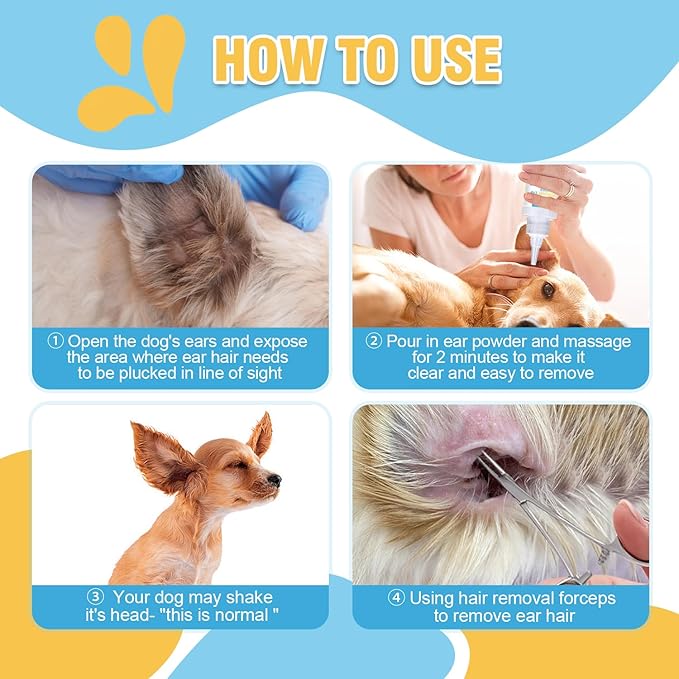 Dog Ear Cleaner,Dog Ear Powder for Hair Removal 42g,Dog Ear Infection Treatment with Pet Ear/Nose Hair Puller Grooming Hemostat,Remove Ear Wax&Odor in Pets