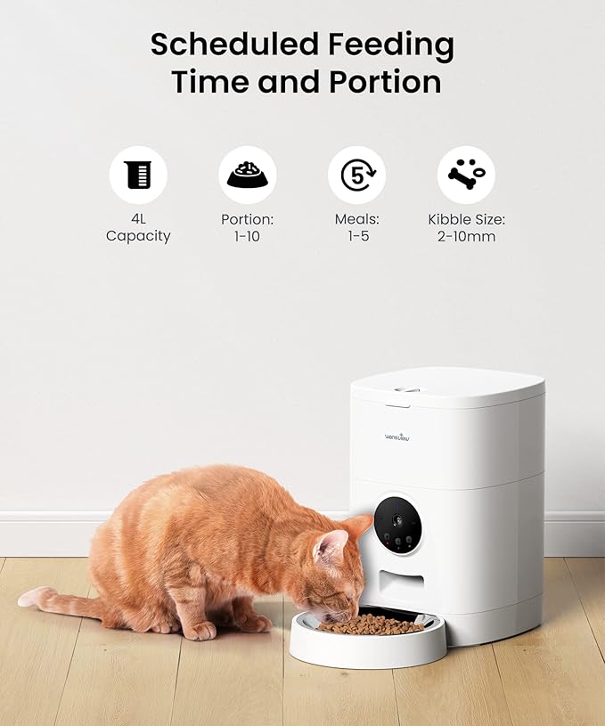 Automatic Pet Feeder for Cats and Dogs - Wansview 4L Smart Feeding Solutions with 2K Camera Video Recording and 2-Way Audio, 2.4G WiFi Cat Food Treat Dispenser with APP Control and Timer Programmable