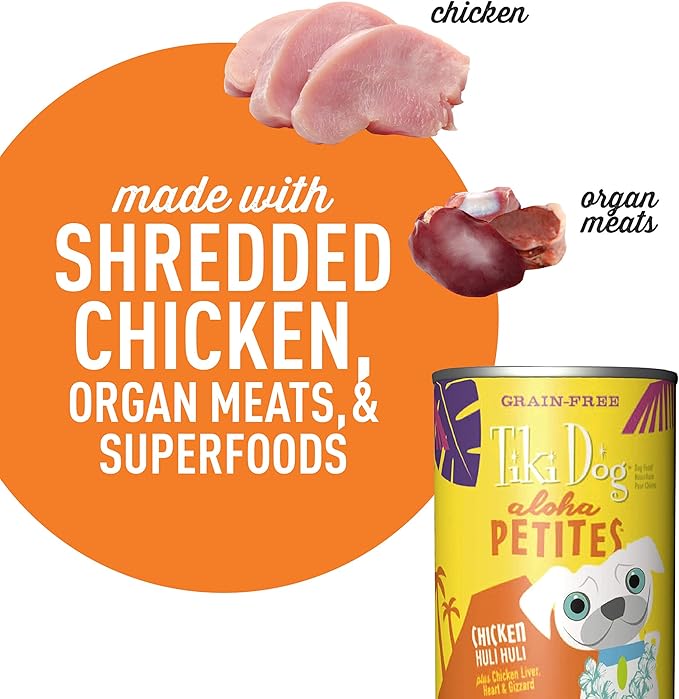 Tiki Dog Petites Grain Free, Chicken with Chicken Liver, Heart & Gizzard, Nutrient Dense Meat, for All Dog Breeds and All Life Stages, 9 oz. Can, Pack of 8