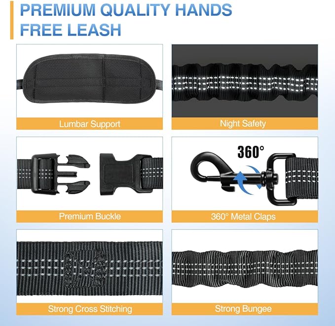 Kytely Hands Free Dog Leash with Zipper Pouch, Wide Padded Waist Dog Running Leash, Dual Padded Handles, Retractable Bungee for Walking Jogging Training Hiking