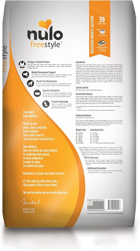Nulo Freestyle Adult Trim Formula Grain-Free Weight Management Dry Kibble Dog Food With Healthy Digestive Aid BC30 Probiotic and L-Carnitine, Cod & Lentils, 6 Pound Bag